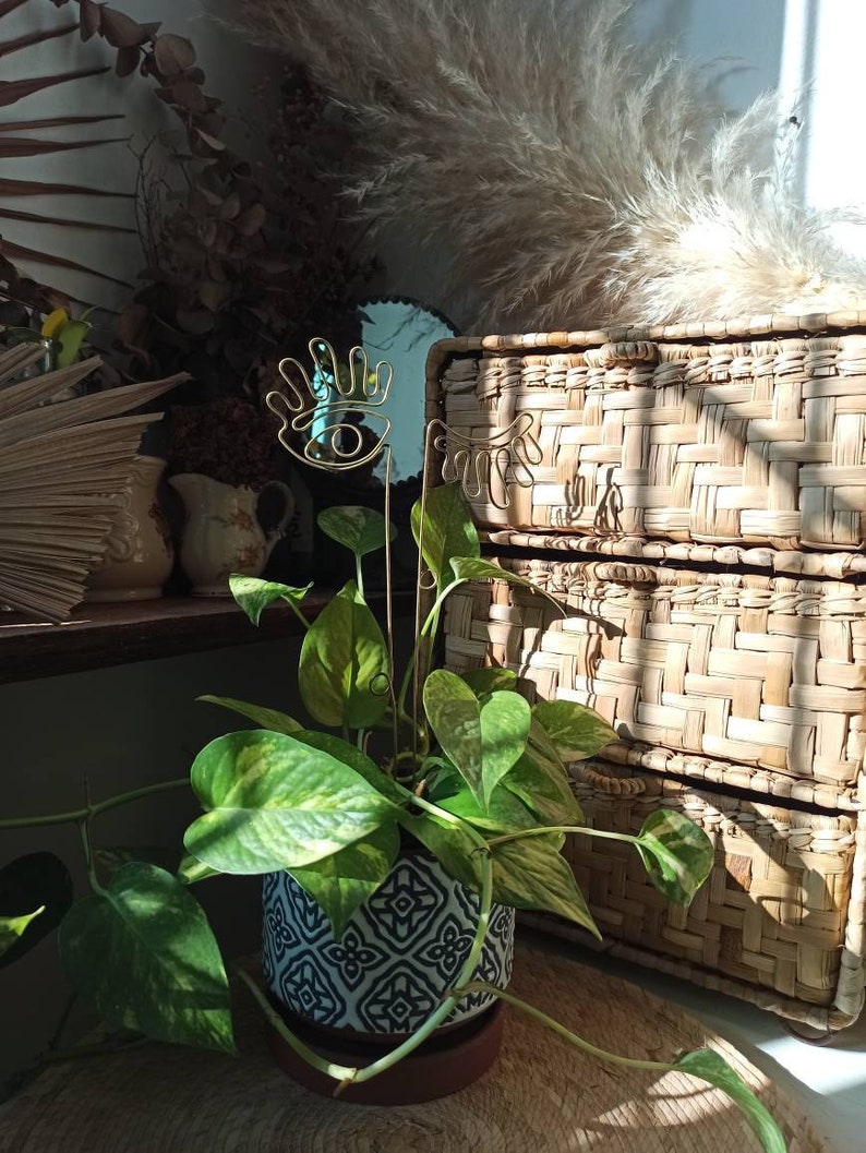 May include: A green potted plant with a decorative eye-shaped wire sculpture. The plant is in a white and black patterned pot with a brown saucer. The pot is sitting on a woven wicker surface.