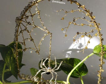Crystal Spider web plant stake, spooky halloween garden decor, gothic spider decor, spider lover gift, Witchy plant lover, witchcore decor