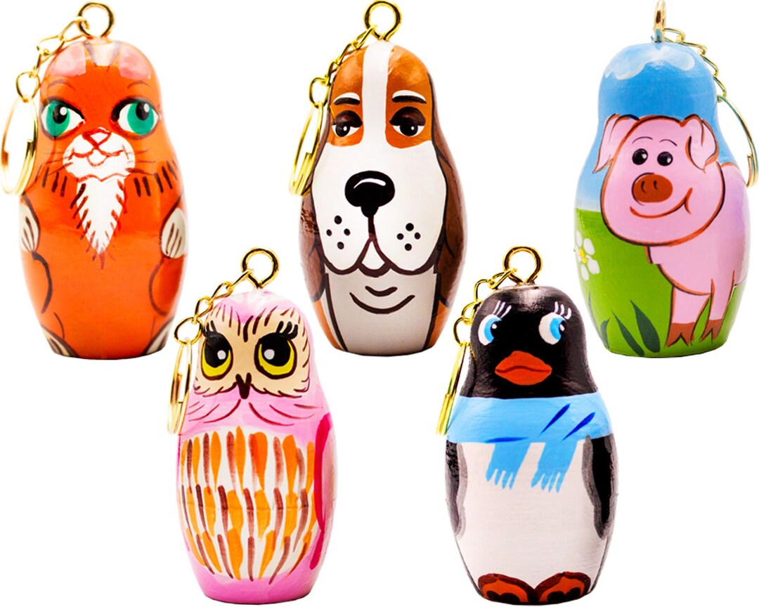 Russian Nesting Dolls Animals Keychains Set 5 Pcs Wooden Etsy