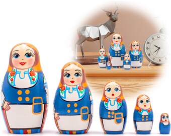 Folk Toys Wooden Matryoshka in Folk Scandinavian Dress Russian Doll in Finnish Traditional Costume Munsala Russian Nesting Dolls Set of 5 pcs