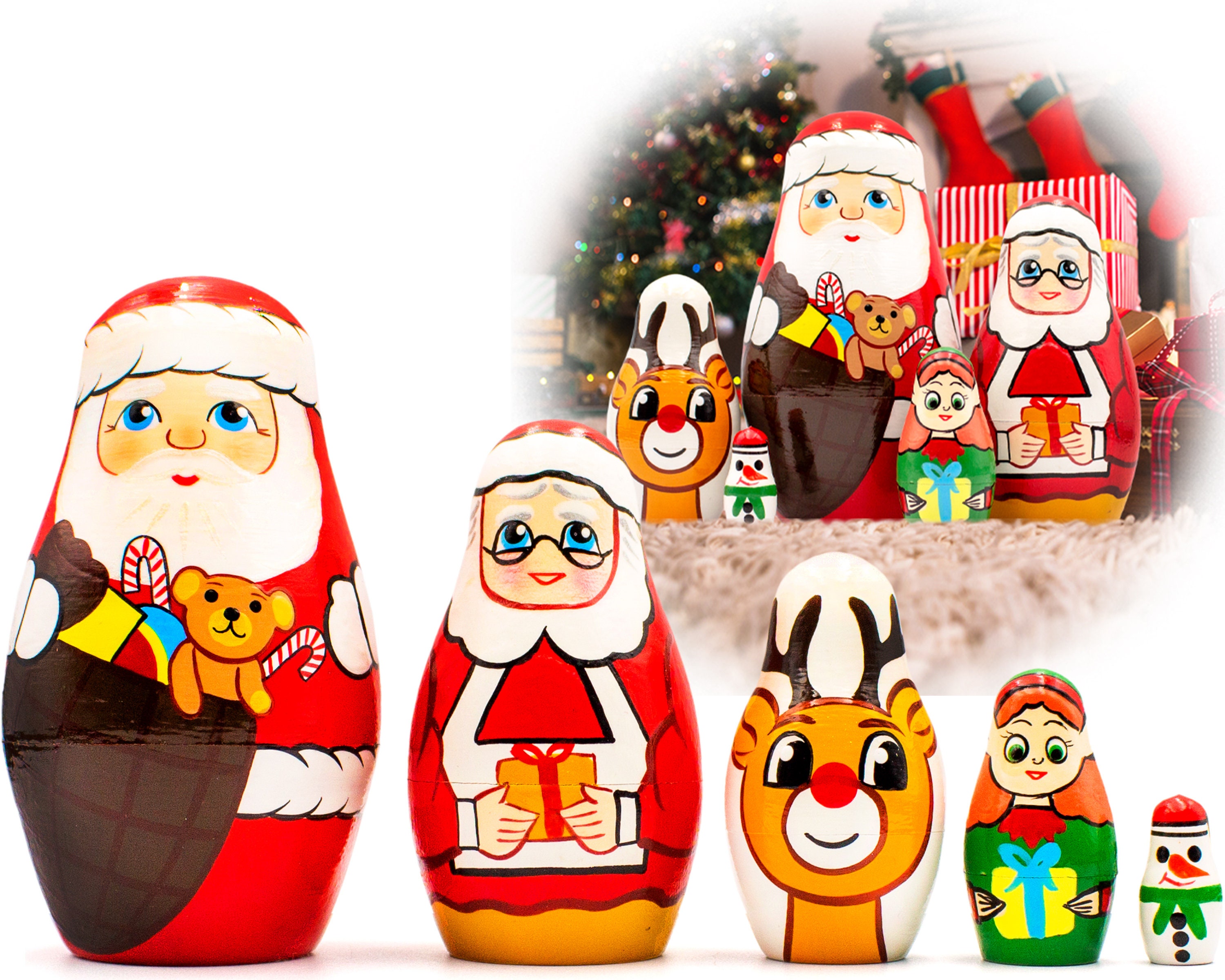 Christmas Santa Claus Wooden Russian Nesting Dolls Stacking Matryoshka