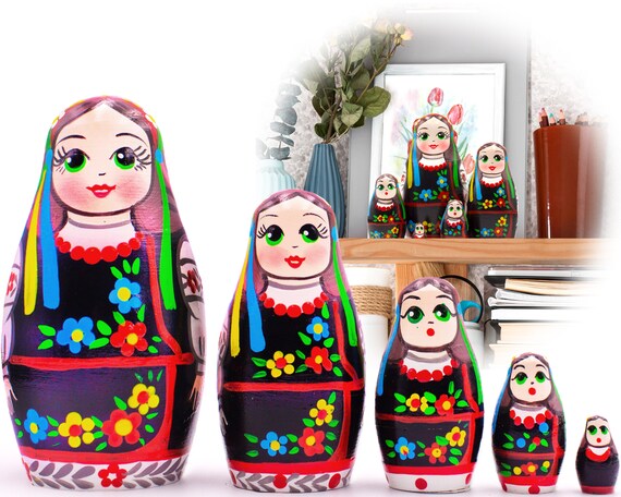 Folk Toys Wooden Matryoshka in Folk Scandinavian Dress Russian Doll in Finnish Traditional Costume Munsala Russian Nesting Dolls Set of 5 pcs