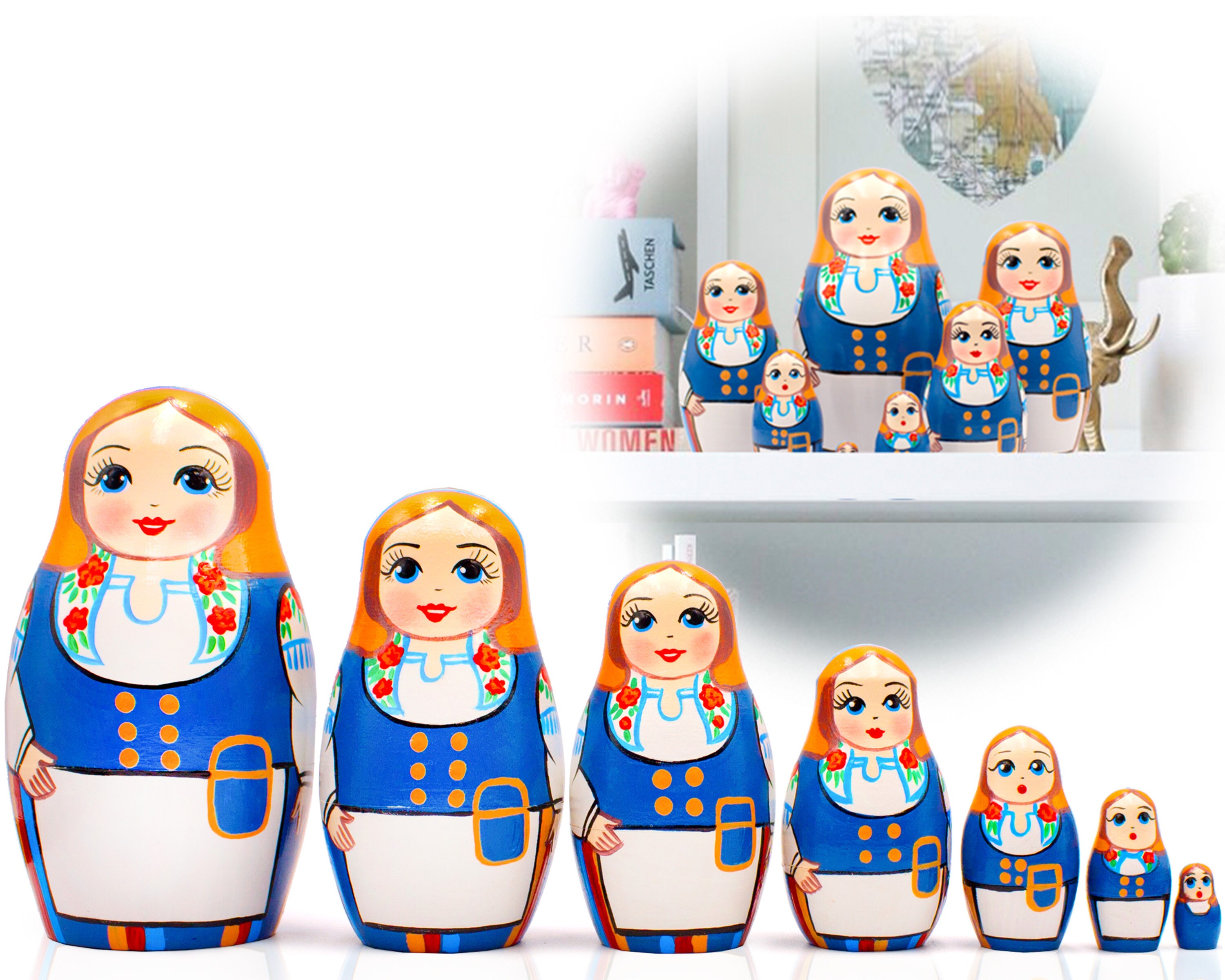 Folk Toys Wooden Matryoshka in Folk Scandinavian Dress Russian Doll in Finnish Traditional Costume Munsala Russian Nesting Dolls Set of 5 pcs