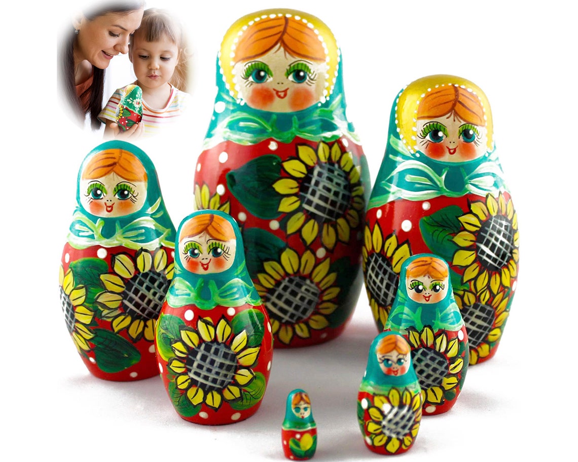 Wooden Russian Nesting Dolls Sunflowers Ornamented Matryoshka Etsy