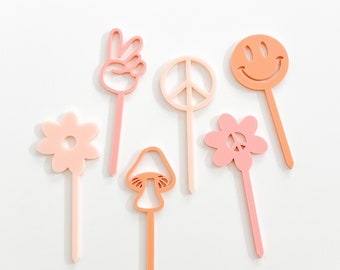 Retro Cupcake Toppers Groovy Cupcake Toppers Boho Cupcake Toppers Smile Face Cupcake Toppers Daisy Peace Sign Cupcake Toppers Set of 6