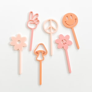 Retro Cupcake Toppers Groovy Cupcake Toppers Boho Cupcake Toppers Smile Face Cupcake Toppers Daisy Peace Sign Cupcake Toppers Set of 6