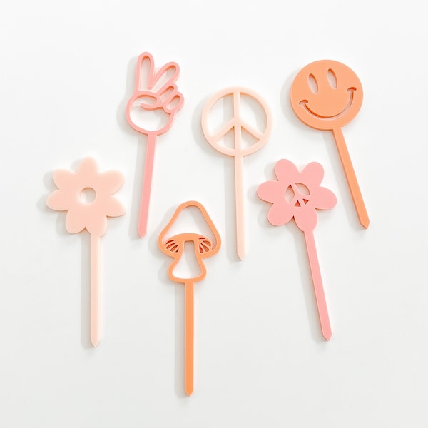 Retro Cupcake Toppers Groovy Cupcake Toppers Boho Cupcake Toppers Smile Face Cupcake Toppers Daisy Peace Sign Cupcake Toppers Set of 6
