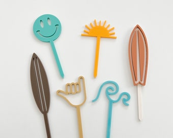 Surfs Up Cupcake Toppers Wave Cupcake Toppers Surfboard Cupcake Toppers The Big One Beach Theme Shaka Surf&#39;s Up Birthday Set of 6