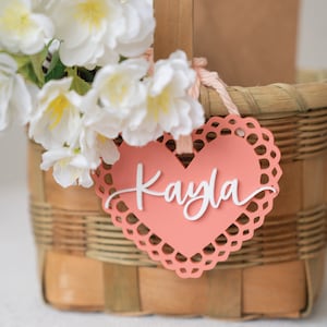 Valentine&#39;s Day Basket Tag Personalized Valentine&#39;s Day Name Tag Custom Basket Tag Acrylic Heart Name Tag Acrylic Scallop Heart Tag