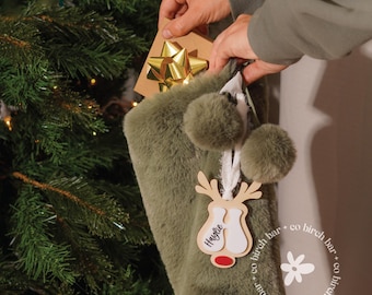 Etiquetas personalizadas para calcetines con adornos de reno, etiqueta de reno, etiqueta navideña, calcetines navideños familiares, adornos de reno, etiqueta para calcetines de reno