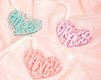 Glitter Valentines Day Heart Tags Valentine's Basket Tags Kids Valentines Personalized Name Tag Valentine Heart Gift Tag Acrylic Heart Tag