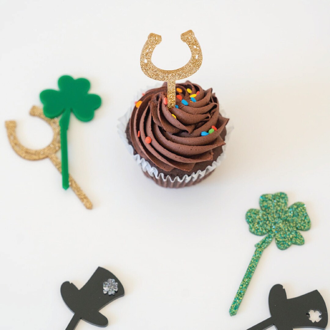 24 Pcs St Patrick's Day Cupcake Toppers - Shamrock, Leprechaun Hat, Horseshoe & Pot Of Gold Decorations - View #4