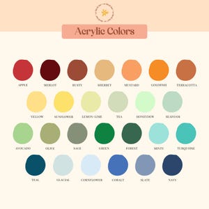 Puede incluir: Una tabla de 24 colores de pintura acr&iacute;lica con sus nombres listados debajo de cada muestra de color. Los colores est&aacute;n dispuestos en filas de ocho, comenzando con rojo, luego amarillo, verde, azul y terminando con azul verdoso.