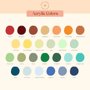 May include: A chart of acrylic paint colors with names for each color. The colors are arranged in rows and columns, with the names of the colors listed below each color swatch. The colors include apple red, merlot, rusty brown, sherbet orange, mustard yellow, goldfish orange, terracotta, yellow, sunflower yellow, lemon lime, tea green, honeydew green, seafoam green, avocado green, olive green, sage green, green, forest green, minty blue, turquoise, teal, glacial blue, cornflower blue, cobalt blue, slate blue, and navy blue.