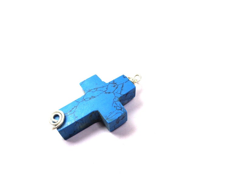 Handmade Blue Turquoise Cross Pendant Gift for Men and Women Silver Filled Wire Wrapped Pendant