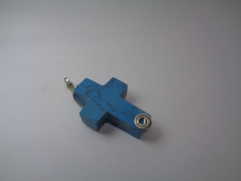 Handmade Blue Turquoise Cross Pendant Gift for Men and Women Silver Filled Wire Wrapped Pendant