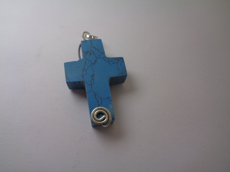 Handmade Blue Turquoise Cross Pendant Gift for Men and Women Silver Filled Wire Wrapped Pendant