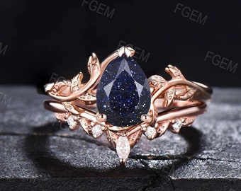 1.25ct Pear Galaxy Blue Sandstone Ring Set Nature Inspired Engagement Ring Leaf Vine Branch Solitaire Ring Women Wedding Anniversary Gifts
