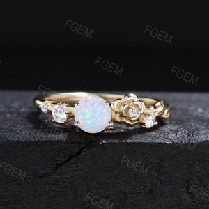 Unique Dainty Round Opal Floral Promise Ring 10K Solid Gold Moissanite Leaf Band October Birthstone Minimalist Rose Flower Wedding Ring
