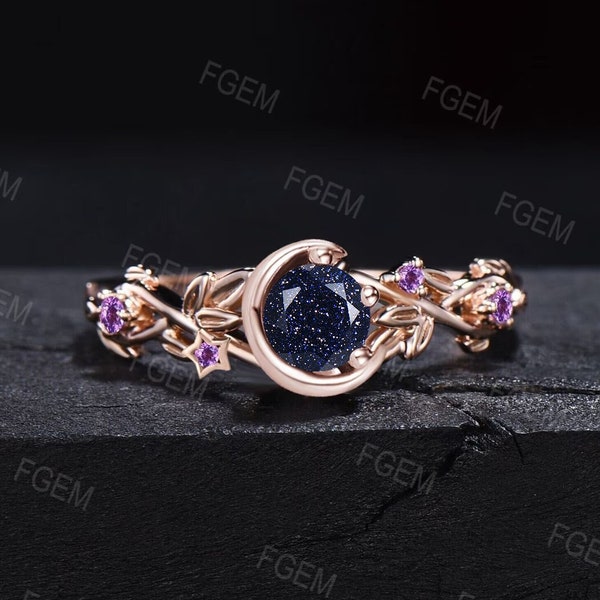 Nature Inspired Galaxy Blue Goldstone Amethyst Engagement Ring Moon Star Design Round Blue Sandstone Ring Branch Leaf Amethyst Wedding Rings