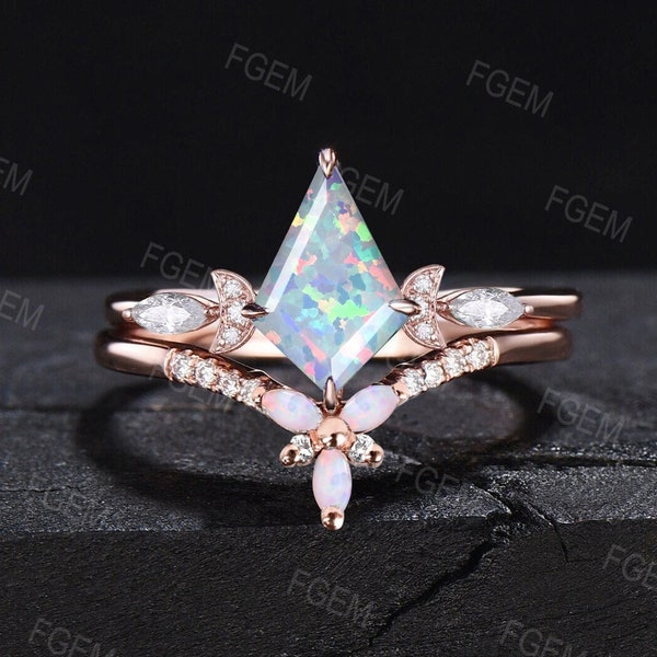 Kite Shaped Opal Moon Engagement Ring Set Rose Gold Fire Opal Bridal Set Moissanite Moon Opal Wedding Ring October Birthstone Jewelry Gifts