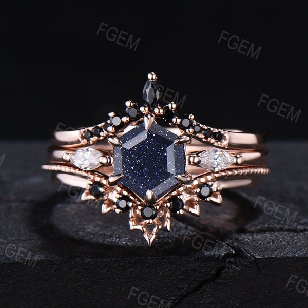 3PCS Hexagon Cut Blue Sandstone Ring Set Rose Gold Silver Galaxy Starry Sky Ring Black Gem Wedding Band Promise Gift Outer Space Nebula Ring