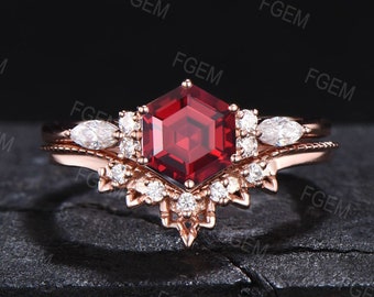 Sterling Silver Red Gemstone Jewelry Vintage 1ct Hexagon Ring Set Ruby Engagement Ring Set Anniversary/Birthday Gift July Birthstone Ring