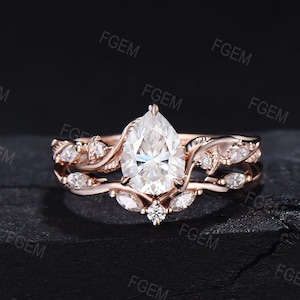 Nature Inspired Moissanite Engagement Ring Set Twist Band 1.25ct Pear Moissanite Diamond Wedding Ring Set Leaf Vine Ring Branch Bridal Set