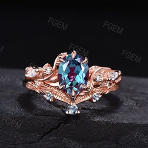 Nature Inspired Alexandrite Ring Set 1.5ct Oval Color-Change Alexandrite Engagement Rings Leaf Moissanite Ring Unique June Birthstone Gifts