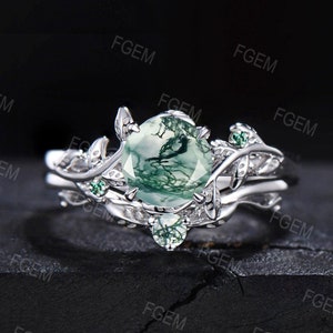 1ct Round Cut Natural Moss Agate Engagement Rings Set 14K White Gold Branch Cluster Emerald Rings Unique Leaf Wedding Ring Anniversary Gifts