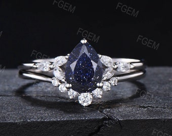 Galaxie Sternenhimmel Birne Blau Sandstein Ring Set Frauen Sterling Silber Ring CZ Diamant Ehering Vorschlag Geschenk Weltraum Ring Nebel Ring