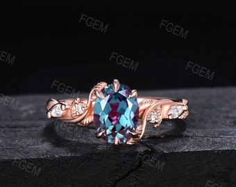 Nature Inspired Engagement Ring 14K Rose Gold Leaf Branch Twig Ring 1.5ct Oval Cut Color-Change Alexandrite Wedding Ring Unique Promise Ring