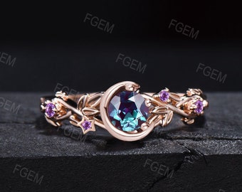 Nature Inspired Color-Change Alexandrite Amethyst Engagement Ring Moon Star Design Round Alexandrite Ring Branch Leaf Amethyst Wedding Ring