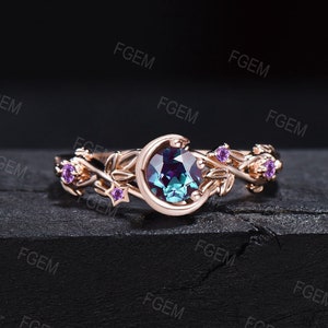 Nature Inspired Color-Change Alexandrite Amethyst Engagement Ring Moon Star Design Round Alexandrite Ring Branch Leaf Amethyst Wedding Ring