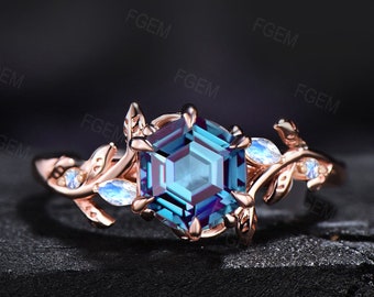 1ct Hexagon Color-Change Alexandrite Ring Rose Gold Leaf Cluster Moonstone Nature Wedding Ring Anniversary Gift Women June Birthstone Rings