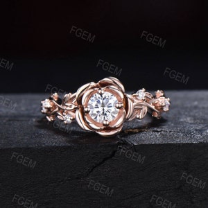 Nature Inspired Rose Engagement Ring,Leaf Branch Ring, 5mm Round Cut Moissanite,10K/14K/18K Rose Gold Twig Flower Ring, Women’s Wedding Ring