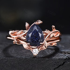Pear Shaped Blue Sandstone Engagement Rings Set Ivy Twig Wedding Band Blue Gemstone  Solitaire Ring Blue Goldstone Moissanite Promise Rings