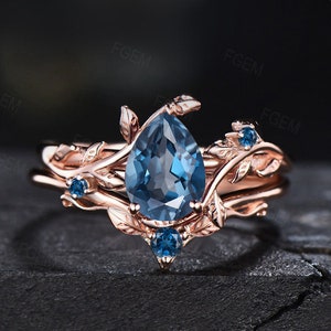 Nature Inspired London Blue Topaz Ring Set December Birthstone Blue Wedding Ring Unique Pear Shaped Leaf London Blue Topaz Engagement Rings