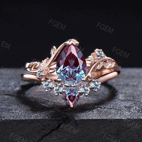 1.25ct Teardrop Alexandrite Ring Set Nature Inspired Alexandrite Engagement Ring Leaf Vine  Branch Wedding Ring Set Unique Anniversary Gifts