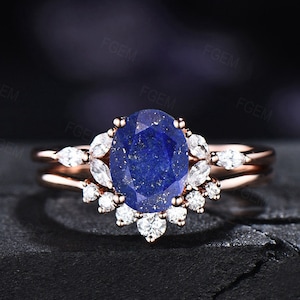 Sterling Silver Natural Lapis Lazuli Wedding Ring Set For Women Vintage Real Crystal Lazuli Jewelry Antique Blue Gemstone Bridal Ring Set
