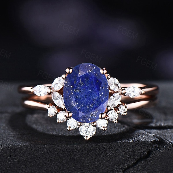 Sterling Silver Natural Lapis Lazuli Wedding Ring Set For Women Vintage Real Crystal Lazuli Jewelry Antique Blue Gemstone Bridal Ring Set