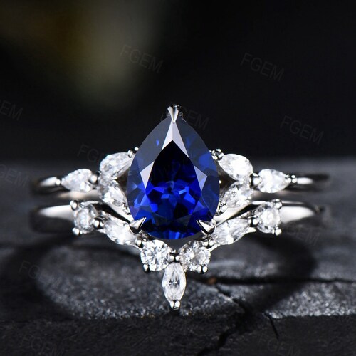 1.25ct Pear Shaped Blue Sapphire Ring Set Sterling Silver Blue shops Engagement Ring September Birthstone Bridal Set CZ Diamond Curve Wedding Band