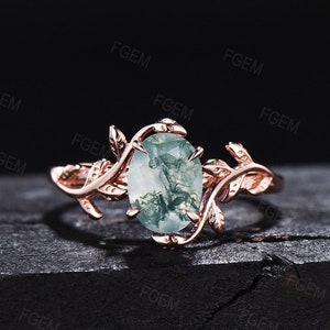 Natural Moss Agate Ring Vintage Hexagon Engagement Ring Inspired Leaf Solitaire Ring Green Healing Gemstone Ring Unique Promise Ring Women