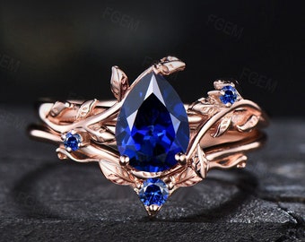 Nature Inspired Blue Sapphire Leaf Engagement Ring Set Vintage 1.25ct Pear Shaped Blue Sapphire Ring Set September Birthstone Wedding Gifts