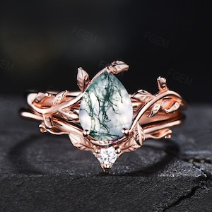 Pear Shaped Natural Moss Agate Nature Engagement Ring Set Rose Gold Vintage Branch Solitaire Ring Leaf Wedding Ring Unique Anniversary Gift