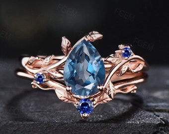 Nature Inspired London Blue Topaz Sapphire Wedding Ring Set Blue Promise Ring Unique 1.25ct Pear Shaped London Blue Topaz Branch Bridal Set