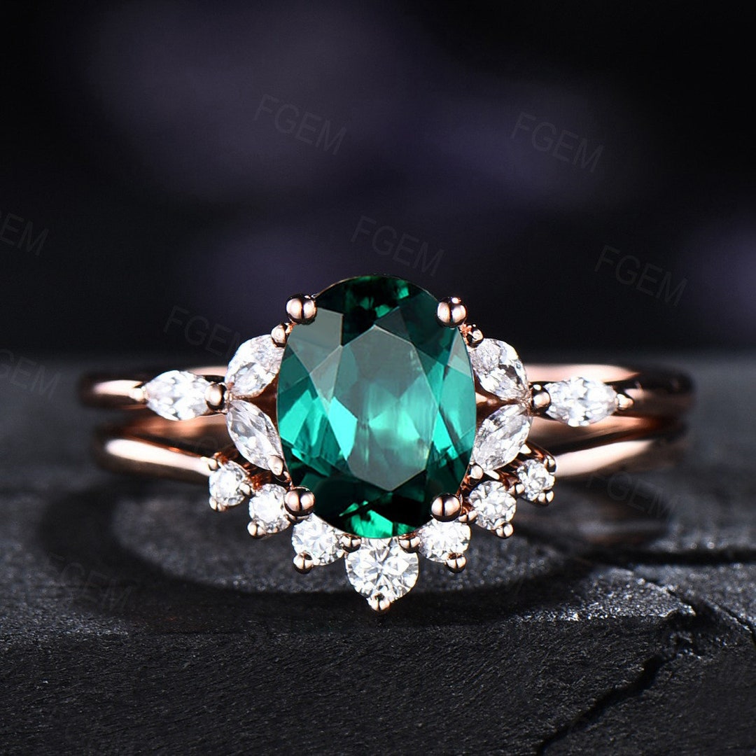 1.5ct Oval Cut Green Emerald Engagement Rings Set May - Etsy