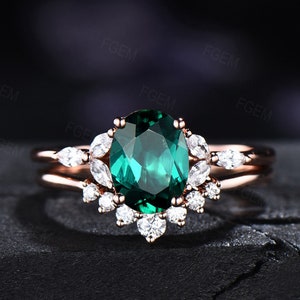 1.5ct Oval Cut Green Emerald Engagement Rings Set May Birthstone Gift Green Gemstone Jewelry Anniversary/Birthday Gift Sterling Silver Ring