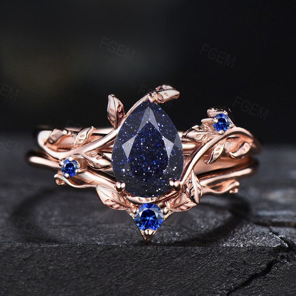 Nature Inspired Blue Sandstone Engagement Rings Set Twig Leaf Bridal Sets Blue Sapphire Ring 1.25ct Pear Shaped Blue Goldstone Nature Rings