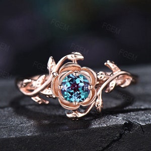 Rose Flower Alexandrite Engagement Ring Round Alexandrite Ring 10K Rose Gold Floral Wedding Ring Nature Inspired Leaf Alexandrite Jewelry